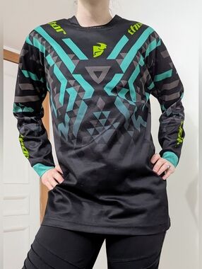 Thor Black Motocross Jersey with Teal & Neon Yellow Accents